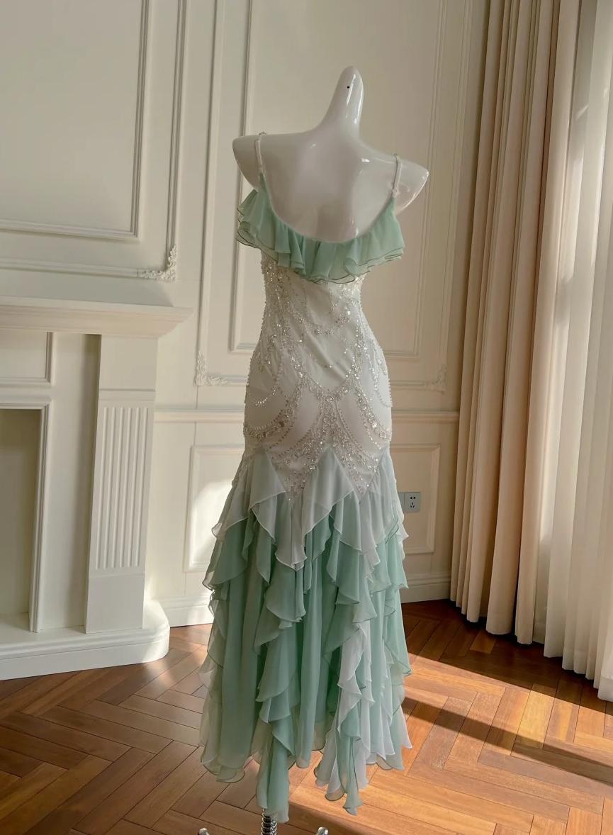 Niulatu Mint Green Spaghetti Straps Chiffon Ruffled Prom Dresses Shiny Beaded Sequined Backless Evening Dresses HZ1103