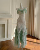 Niulatu Mint Green Spaghetti Straps Chiffon Ruffled Prom Dresses Shiny Beaded Sequined Backless Evening Dresses HZ1103