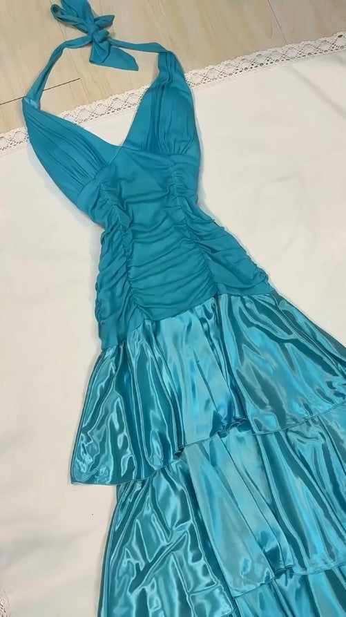 Niulatu Turquoise Chiffon Halter A-line Long Prom Dresses Sweet Backless Tiered Satin Party Dresses HZ1103