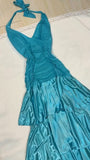 Niulatu Turquoise Chiffon Halter A-line Long Prom Dresses Sweet Backless Tiered Satin Party Dresses HZ1103
