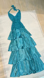 Niulatu Turquoise Chiffon Halter A-line Long Prom Dresses Sweet Backless Tiered Satin Party Dresses HZ1103