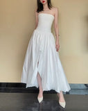 Niulatu White Strapless Satin Pleated A-Line Bridesmaid Dresses Elegant Backless Evening Dresses with Slit HZ1103