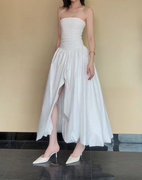 Niulatu White Strapless Satin Pleated A-Line Bridesmaid Dresses Elegant Backless Evening Dresses with Slit HZ1103