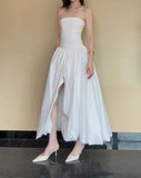 Niulatu White Strapless Satin Pleated A-Line Bridesmaid Dresses Elegant Backless Evening Dresses with Slit HZ1103