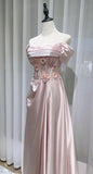 Niulatu Pink Off-the-shoulder A-Line Satin Long Evening Dresses Sweet 16 Prom Dresses HZ1103