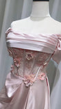 Niulatu Pink Off-the-shoulder A-Line Satin Long Evening Dresses Sweet 16 Prom Dresses HZ1103