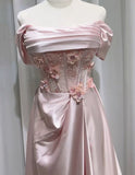 Niulatu Pink Off-the-shoulder A-Line Satin Long Evening Dresses Sweet 16 Prom Dresses HZ1103