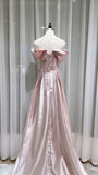 Niulatu Pink Off-the-shoulder A-Line Satin Long Evening Dresses Sweet 16 Prom Dresses HZ1103