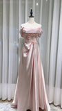 Niulatu Pink Off-the-shoulder A-Line Satin Long Evening Dresses Sweet 16 Prom Dresses HZ1103