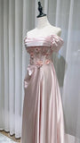 Niulatu Pink Off-the-shoulder A-Line Satin Long Evening Dresses Sweet 16 Prom Dresses HZ1103