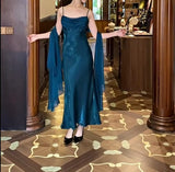 Niulatu Gothic Spaghetti Straps Party Dresses Vintage Teal Glitter Satin Evening Dresses HZ1103