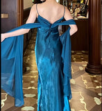 Niulatu Gothic Spaghetti Straps Party Dresses Vintage Teal Glitter Satin Evening Dresses HZ1103