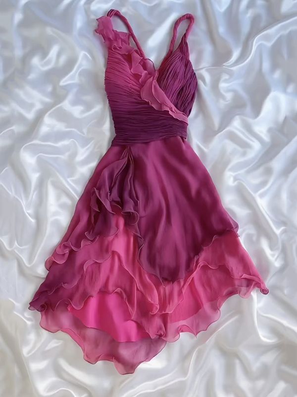 Niulatu Gothic V-neck A-Line Chiffon Party Dress Vintage Gradient Pink Short Prom Dress HZ1103