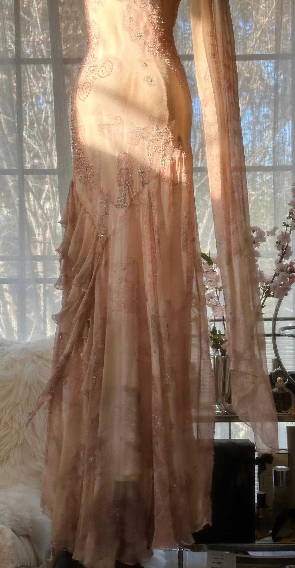 Niulatu Spaghetti Straps Printed Chiffon Sheath Sparkling Beaded Evening Dress HZ1103