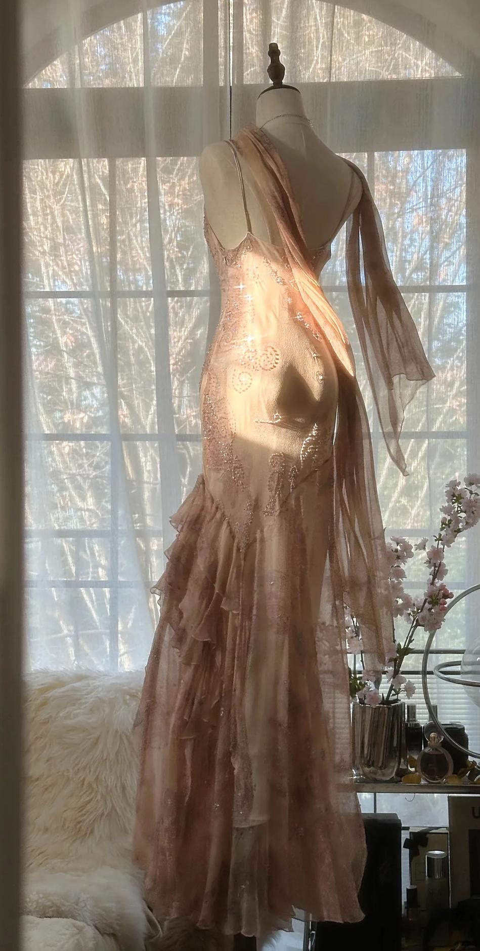 Niulatu Spaghetti Straps Printed Chiffon Sheath Sparkling Beaded Evening Dress HZ1103