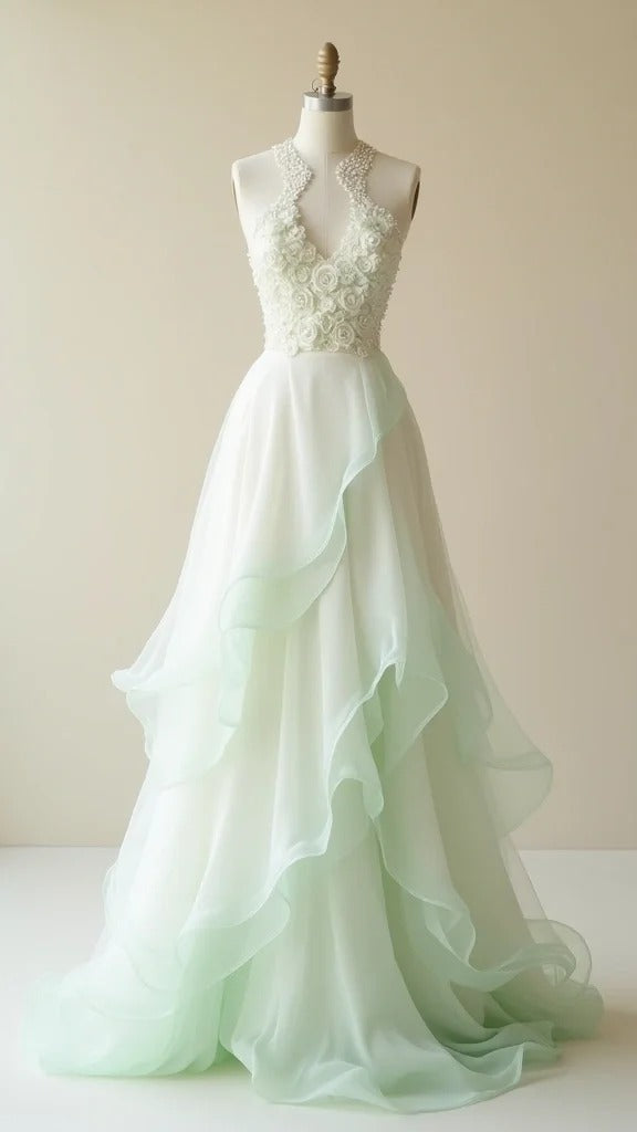 Niulatu Gradient Light Green V neck A-Line Tulle Long Prom Dresses Sweet Beaded Applique Formal Evening Dress HZ1103