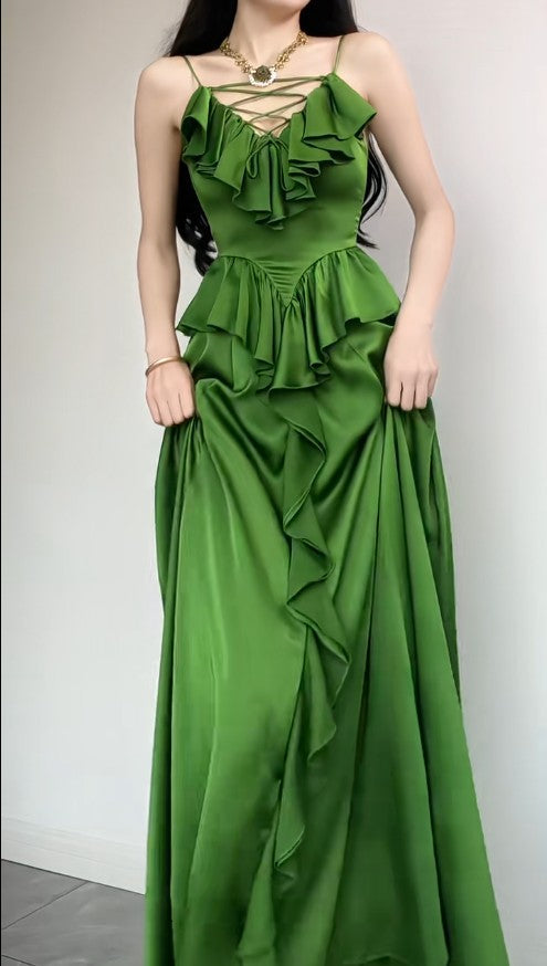 Niulatu Sapphire Blue Spaghetti Strap Simple Satin V-Neck A-Line Party Dress HZ1103