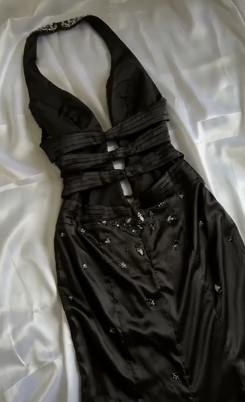 Niulatu Black Deep V Neck Satin Mermaid Party Dresses Vintage Backless Beaded Evening Dress HZ1103