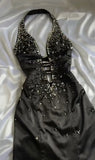 Niulatu Black Deep V Neck Satin Mermaid Party Dresses Vintage Backless Beaded Evening Dress HZ1103