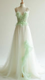 Niulatu White Tulle V-neck A-Line Long Prom Dresses with Beading Formal Evening Dress HZ1103