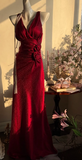 Niulatu Burgundy Mermaid Jacquard Satin V-neck Evening Dress Simple Prom Dress HZ1026