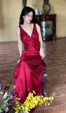 Niulatu Burgundy Mermaid Jacquard Satin V-neck Evening Dress Simple Prom Dress HZ1026