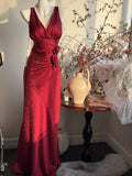Niulatu Burgundy Mermaid Jacquard Satin V-neck Evening Dress Simple Prom Dress HZ1026
