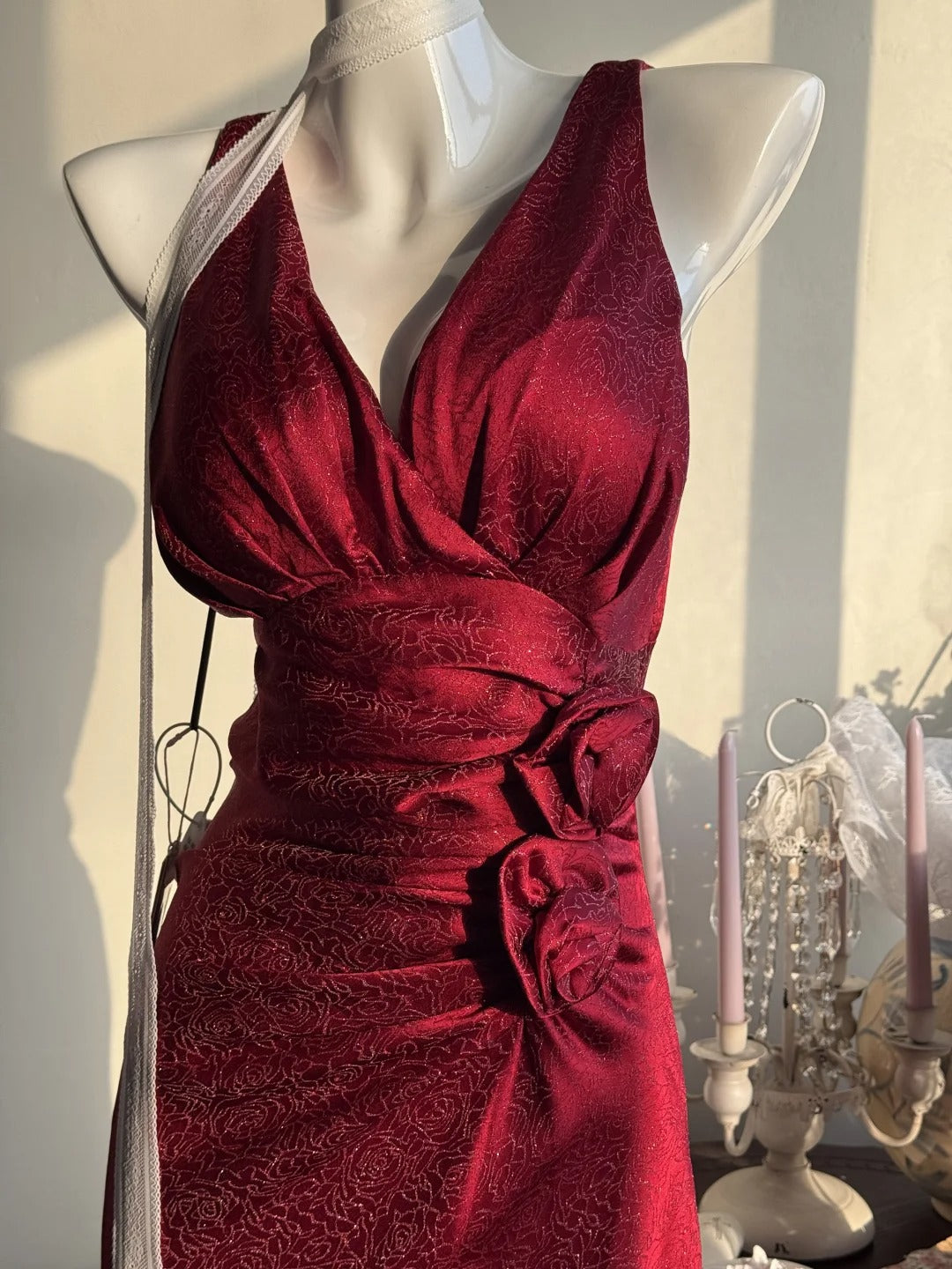 Niulatu Burgundy Mermaid Jacquard Satin V-neck Evening Dress Simple Prom Dress HZ1026