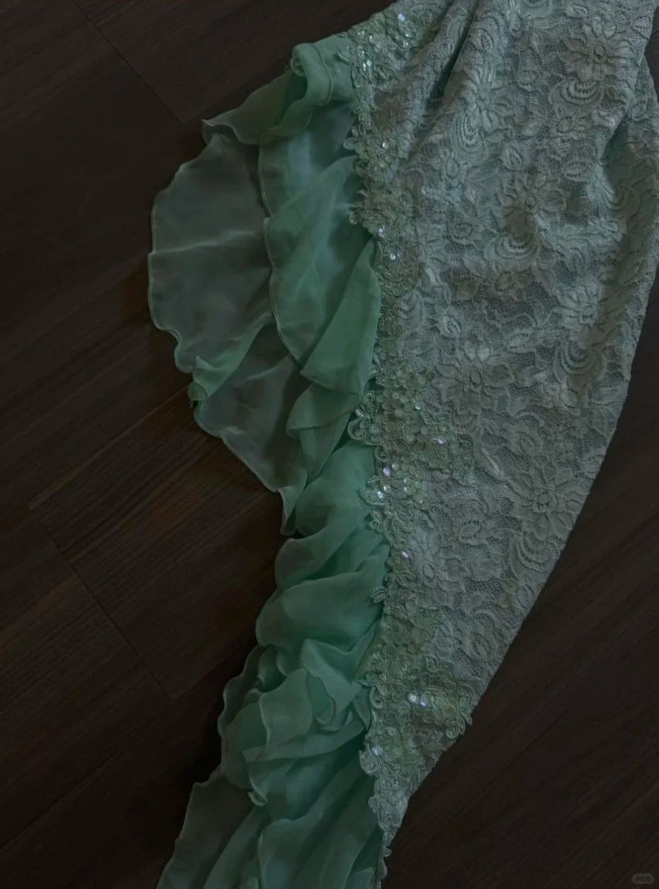 Niulatu Mint Green Spaghetti Straps Bodycon Chiffon Prom Dresses Lace Applique Sweet Party Dresses HZ1026