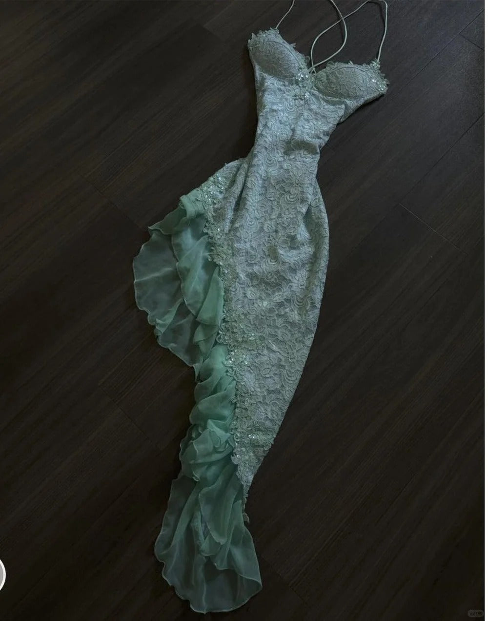 Niulatu Mint Green Spaghetti Straps Bodycon Chiffon Prom Dresses Lace Applique Sweet Party Dresses HZ1026