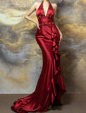 Niulatu Burgundy Halter Satin Mermaid Train Prom Dresses Elegant Beaded Formal Evening Dress with Slit HZ1103
