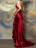 Niulatu Burgundy Halter Satin Mermaid Train Prom Dresses Elegant Beaded Formal Evening Dress with Slit HZ1103