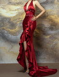Niulatu Burgundy Halter Satin Mermaid Train Prom Dresses Elegant Beaded Formal Evening Dress with Slit HZ1103