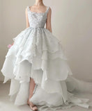 Niulatu Spaghetti Straps A-Line Open Back Chiffon Layered Train Wedding Dresses HZ1103