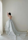 Niulatu Spaghetti Straps A-Line Open Back Chiffon Layered Train Wedding Dresses HZ1103