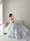 Niulatu Spaghetti Straps A-Line Open Back Chiffon Layered Train Wedding Dresses HZ1103