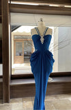 Niulatu Blue V-neck Chiffon Bodycon Party Dresses Elegant Rhinestone Evening Dresses HZ1103