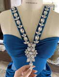 Niulatu Blue V-neck Chiffon Bodycon Party Dresses Elegant Rhinestone Evening Dresses HZ1103