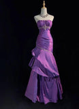 Niulatu Strapless Mermaid Taffeta Long Prom Dresses Purple Long Formal Dresses Elegant Evening Dresses with Beadings HZ1103
