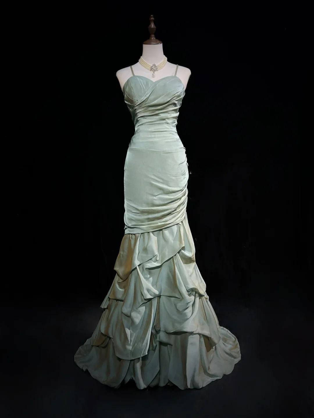 Niulatu Green Spaghetti Straps Mermaid Satin Long Prom Dresses Sweet 16 Formal Evening Dresses HZ1103