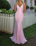 Niulatu Pink Spaghetti Strap Mermaid Deep V Neck Tulle Applique Wedding Dress Backless Evening Dress HZ1103