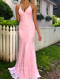 Niulatu Pink Spaghetti Strap Mermaid Deep V Neck Tulle Applique Wedding Dress Backless Evening Dress HZ1103