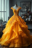 Niulatu Yellow Deep V Neck Tulle A-Line Long Prom Dresses Unique Wedding Dress HZ1103