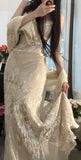 Niulatu Apricot Spaghetti Strap Printed Chiffon Long Party Dress Elegant Evening Dress with Shawl HZ1103