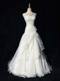 Niulatu White Strapless A-Line Tulle Lace Applique Wedding Dresses Long Prom Dresses HZ1103