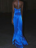 Niulatu Royal Blue V-neck Sheath Evening Dress Sexy Backless Satin Long Prom Dresses with Slits HZ1103