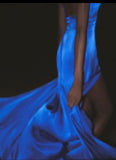 Niulatu Royal Blue V-neck Sheath Evening Dress Sexy Backless Satin Long Prom Dresses with Slits HZ1103