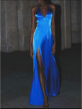 Niulatu Royal Blue V-neck Sheath Evening Dress Sexy Backless Satin Long Prom Dresses with Slits HZ1103