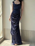 Niulatu Navy Blue Square Neck Satin Pleated Party Dress Cocktail Dress HZ1103