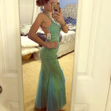 Niulatu Beaded Tulle Mermaid Backless Evening Dress Gorgeous Spaghetti Straps Green Long Prom Dresses HZ1103